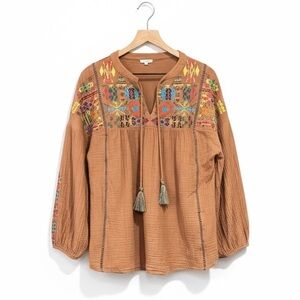 Jodifl Embroidered 3/4 Sleeve Tassel Tie Cotton Top Tan Women’s Size Medium